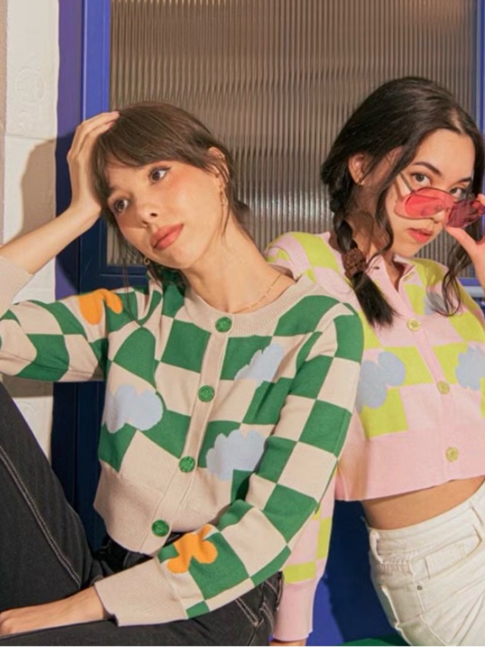 Inci Knit Green and Cream Check Floral Cropped Cardigan